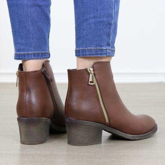 Ankle Boots Low Chunky Block Heel Round Toe Brown Faux Leather Zipper Fashion - Picture 4 of 8